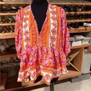 Floral V-Neck Women's Top - Pink and Orange